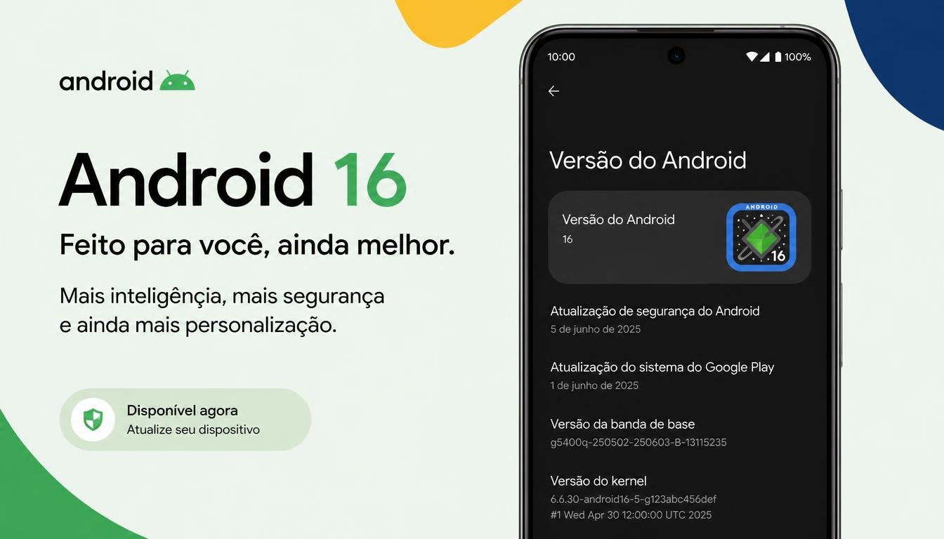 Print de tela mostrando a tela de configurações do Android com a versão 16 instalada, ou um banner oficial do Google anunciando a atualização.