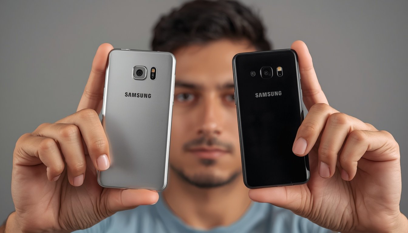 Pessoa comparando dois celulares para decidir qual celular levar