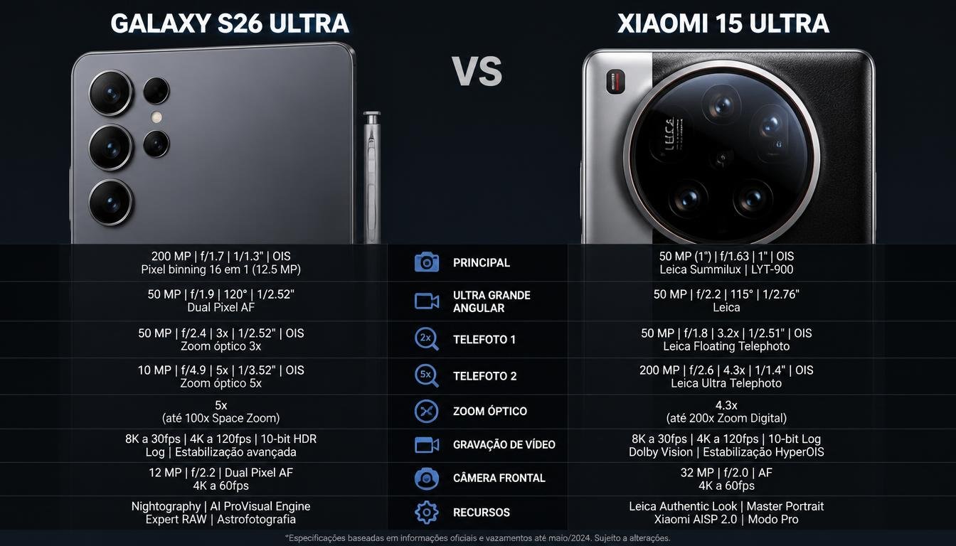Galaxy S26 Ultra e Xiaomi 15 Ultra lado a lado
