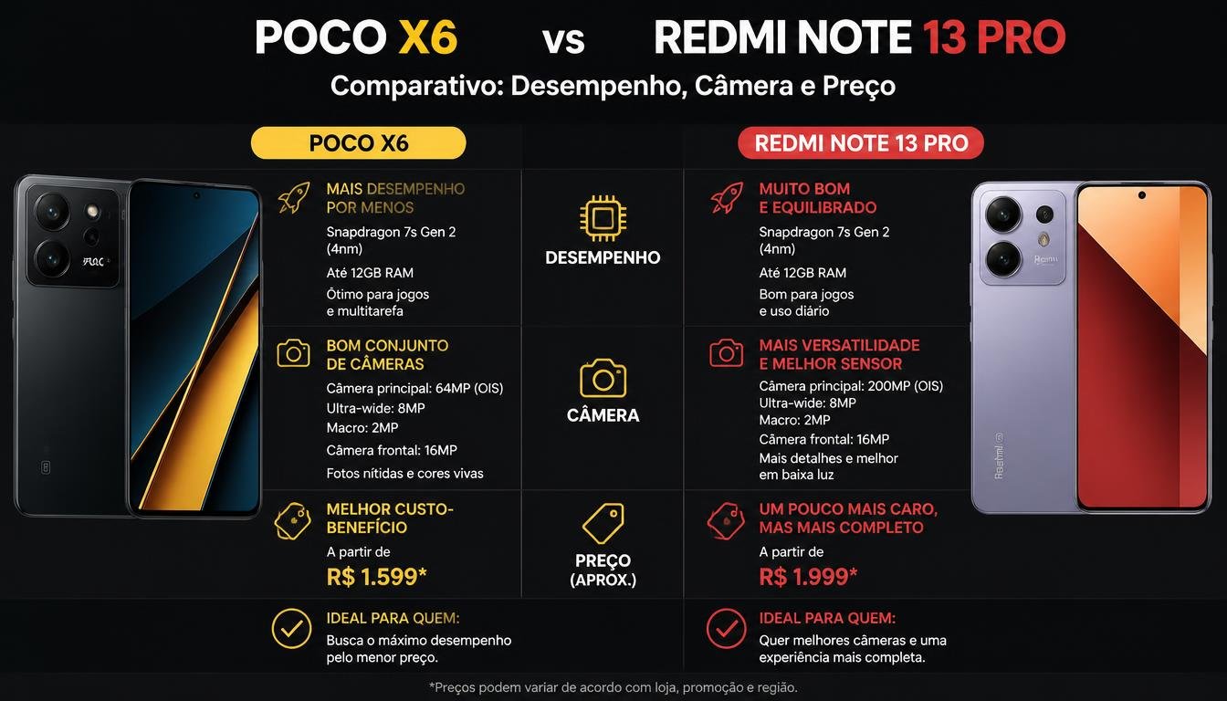 Print comparando desempenho, câmera e preço entre o Poco X6 e o Redmi Note 13 Pro.
