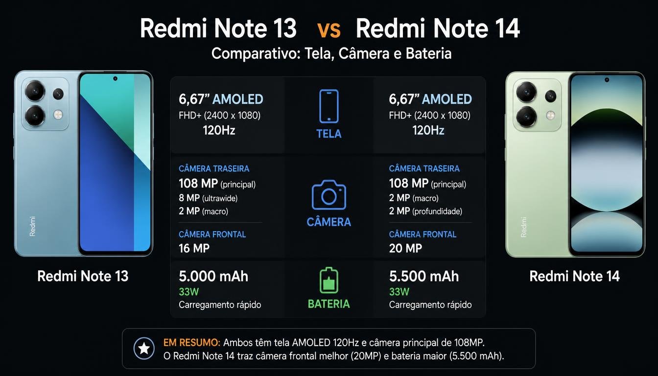 Print comparando tela, câmera e bateria entre o Redmi Note 13 e o Redmi Note 14.