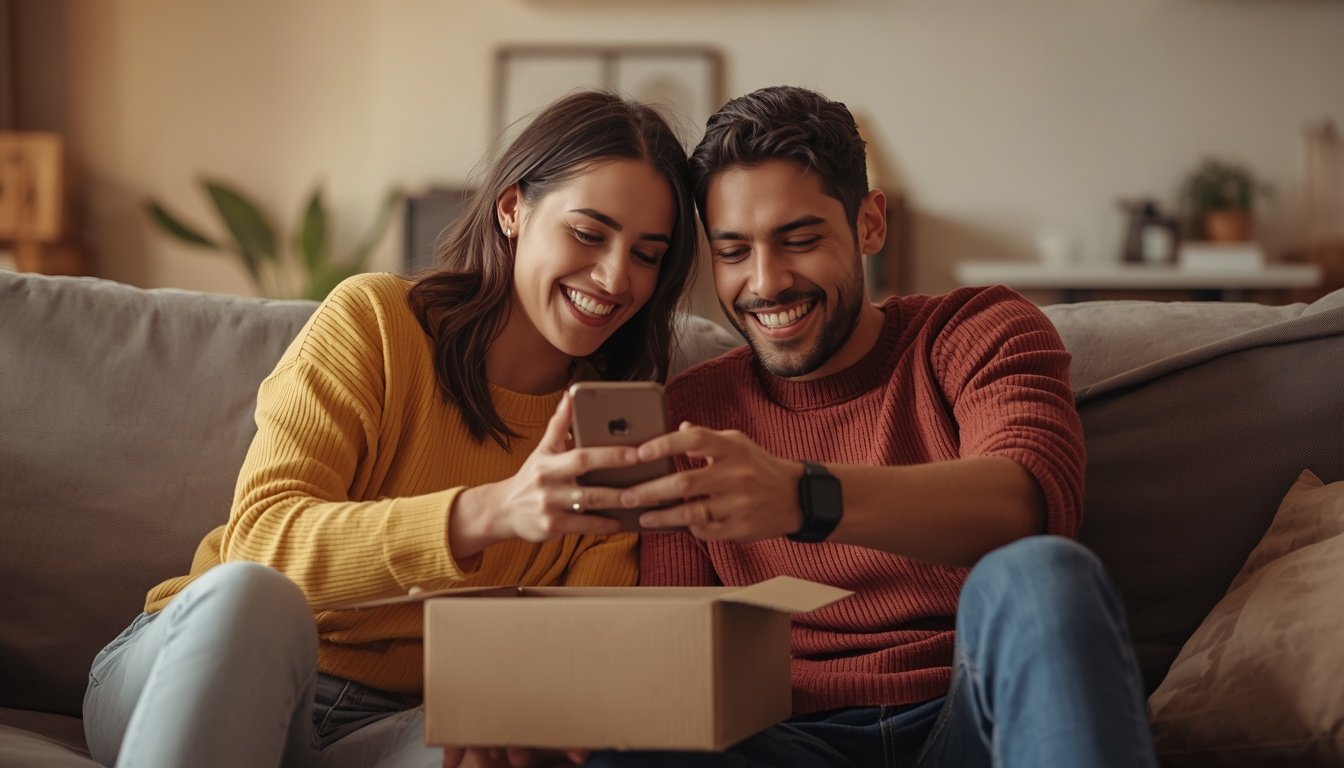 Casal abrindo a caixa de um celular novo até R$ 1.500 (imagem ilustrativa)