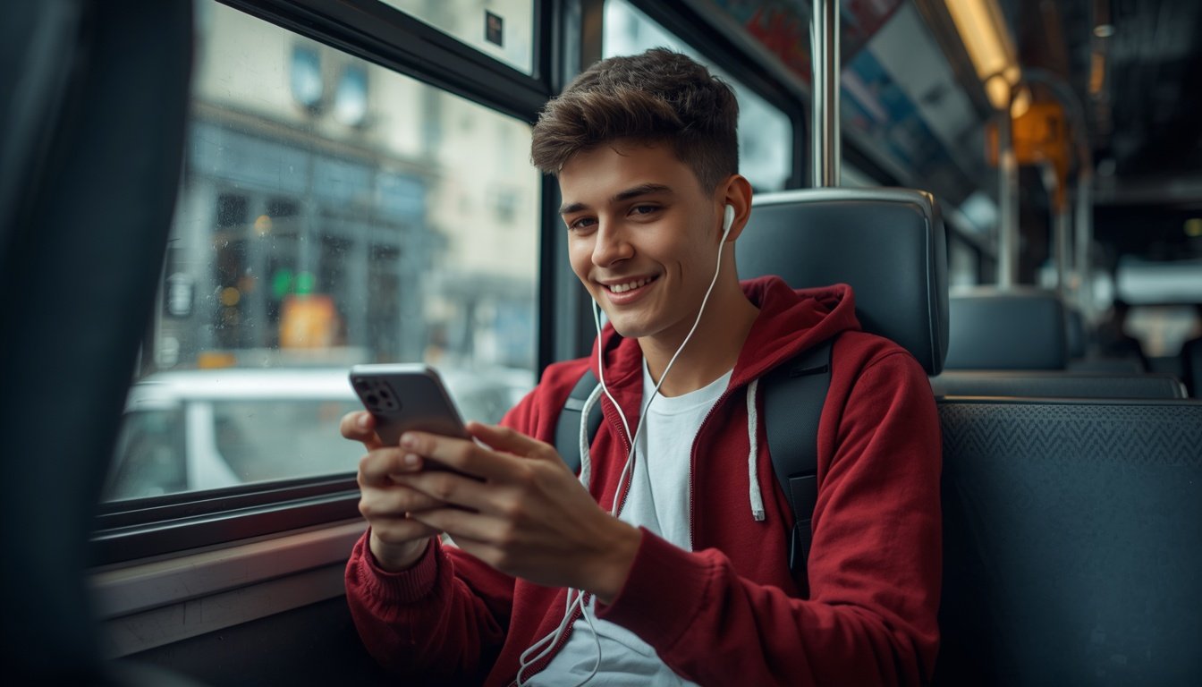 Estudante usando celular barato no ônibus (imagem ilustrativa)