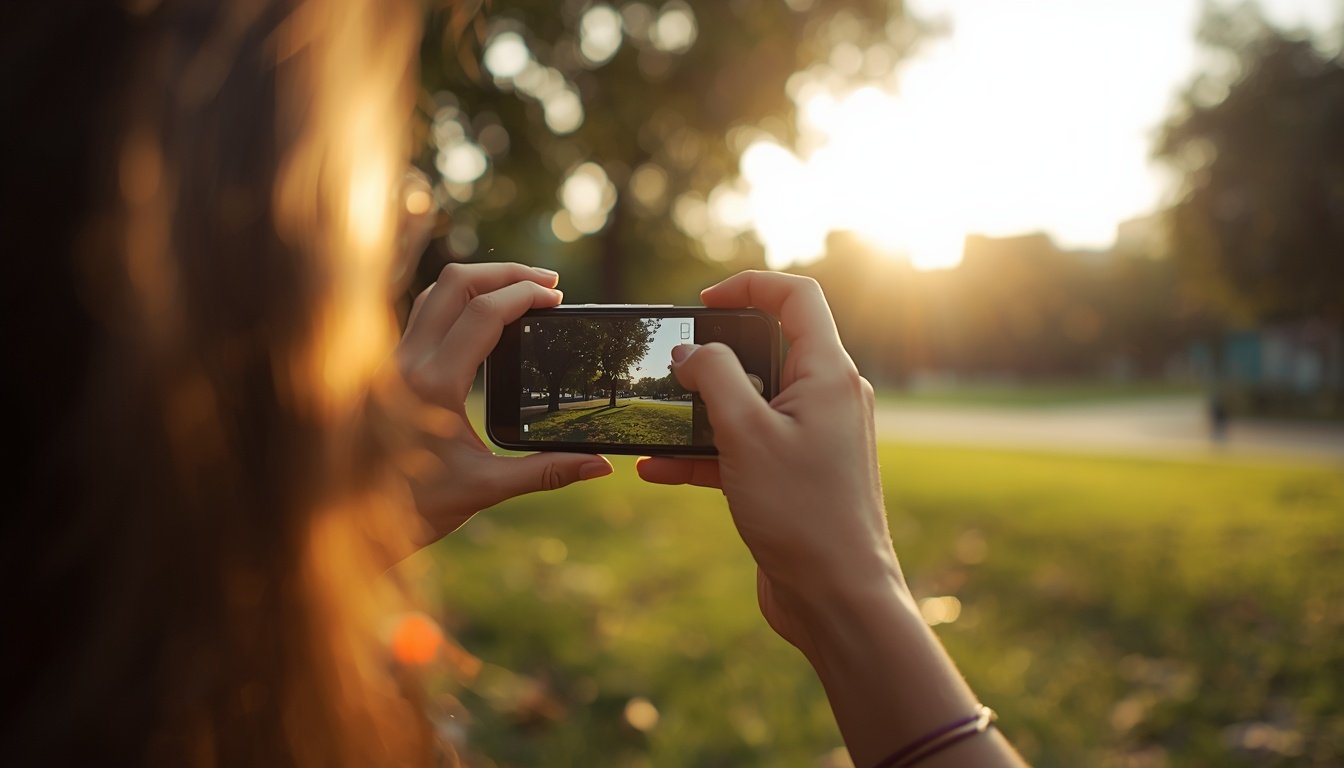 Mulher fotografando no parque com o Motorola Edge 70 (imagem ilustrativa)