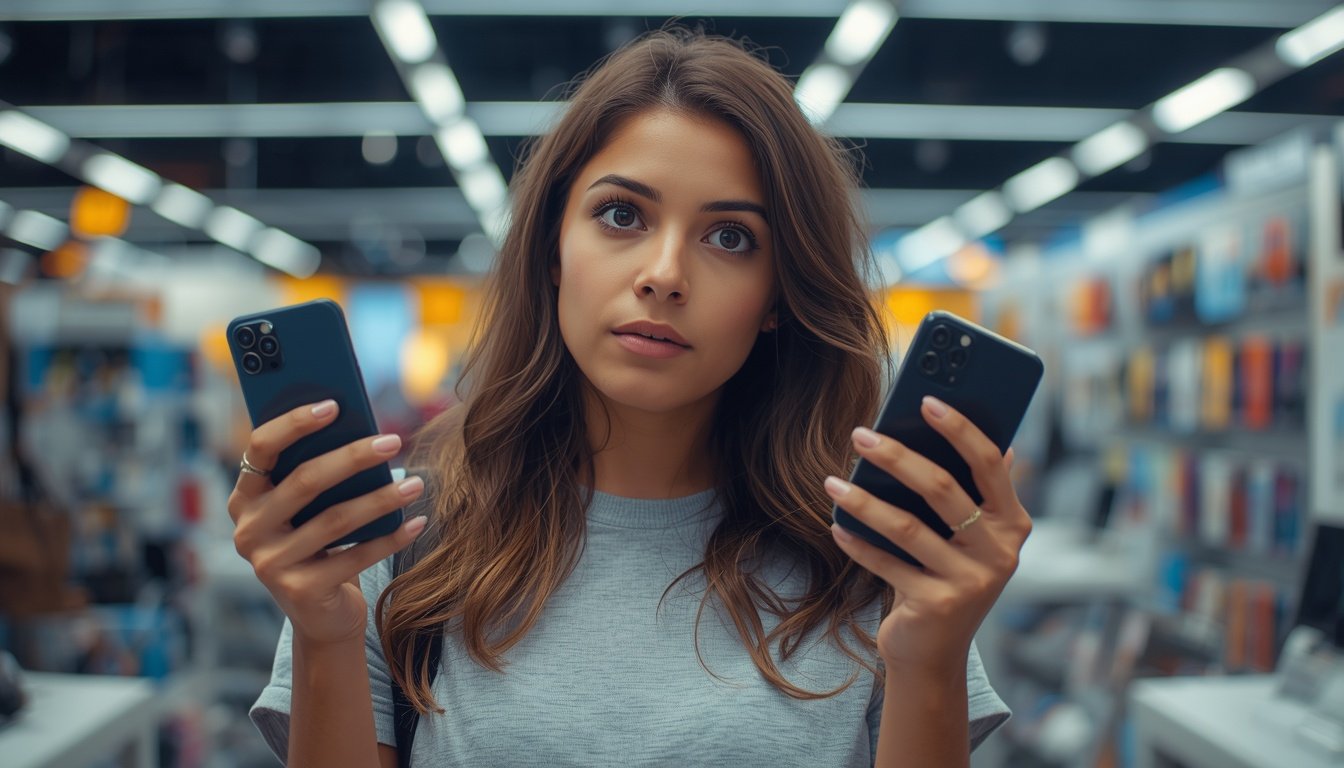 Mulher comparando o POCO X8 Pro e o POCO X7 Pro na loja (imagem ilustrativa)