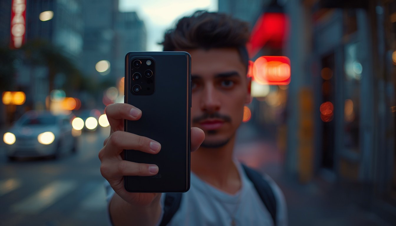 POCO X8 Pro vale a pena: homem segurando celular intermediário na rua à noite (imagem ilustrativa)