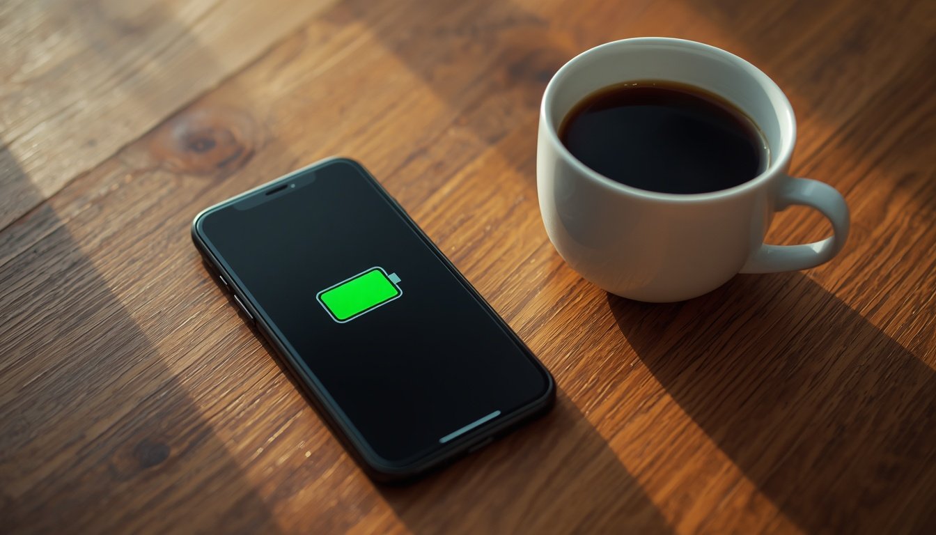 Bateria do celular durar mais: celular com bateria cheia na mesa do café (imagem ilustrativa)