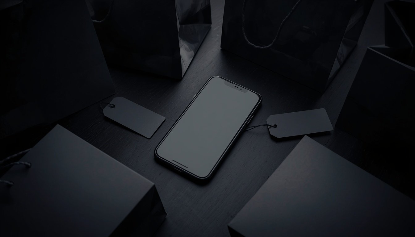 Celular na Black Friday 2026: smartphone cercado de sacolas e etiquetas de desconto (imagem ilustrativa)