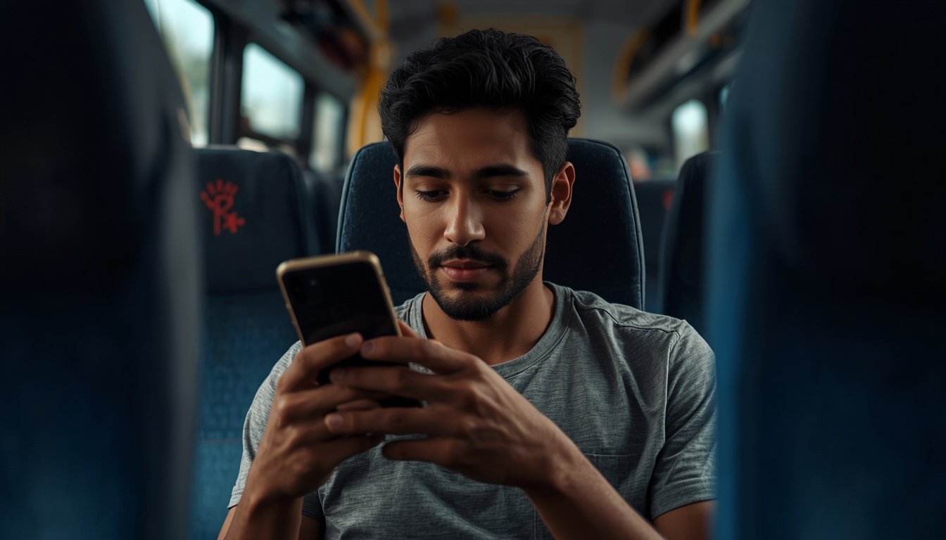 Rapaz usando um celular Xiaomi de bateria grande em uma viagem de ônibus