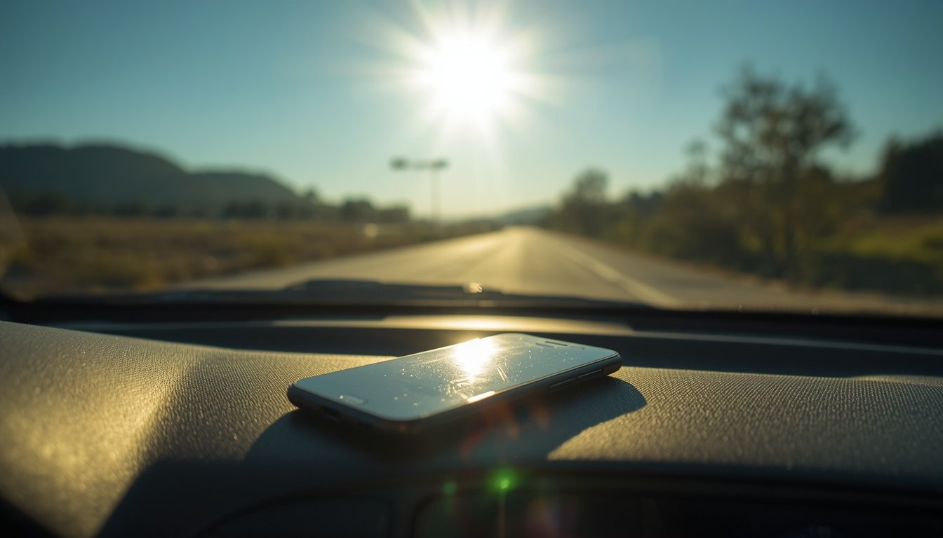 Celular esquecido no painel do carro sob sol forte, o que estraga a bateria