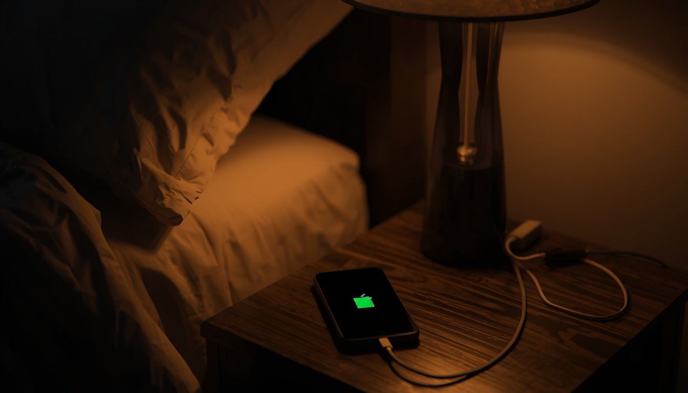 Celular carregando durante a noite na mesa de cabeceira