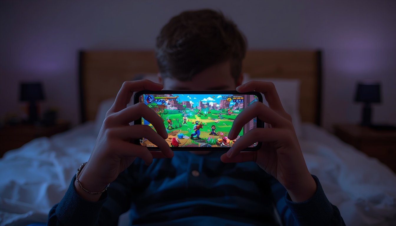 Jovem jogando em um celular POCO com bom desempenho