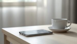 iPhone Duo dobrável aberto em mesa de madeira