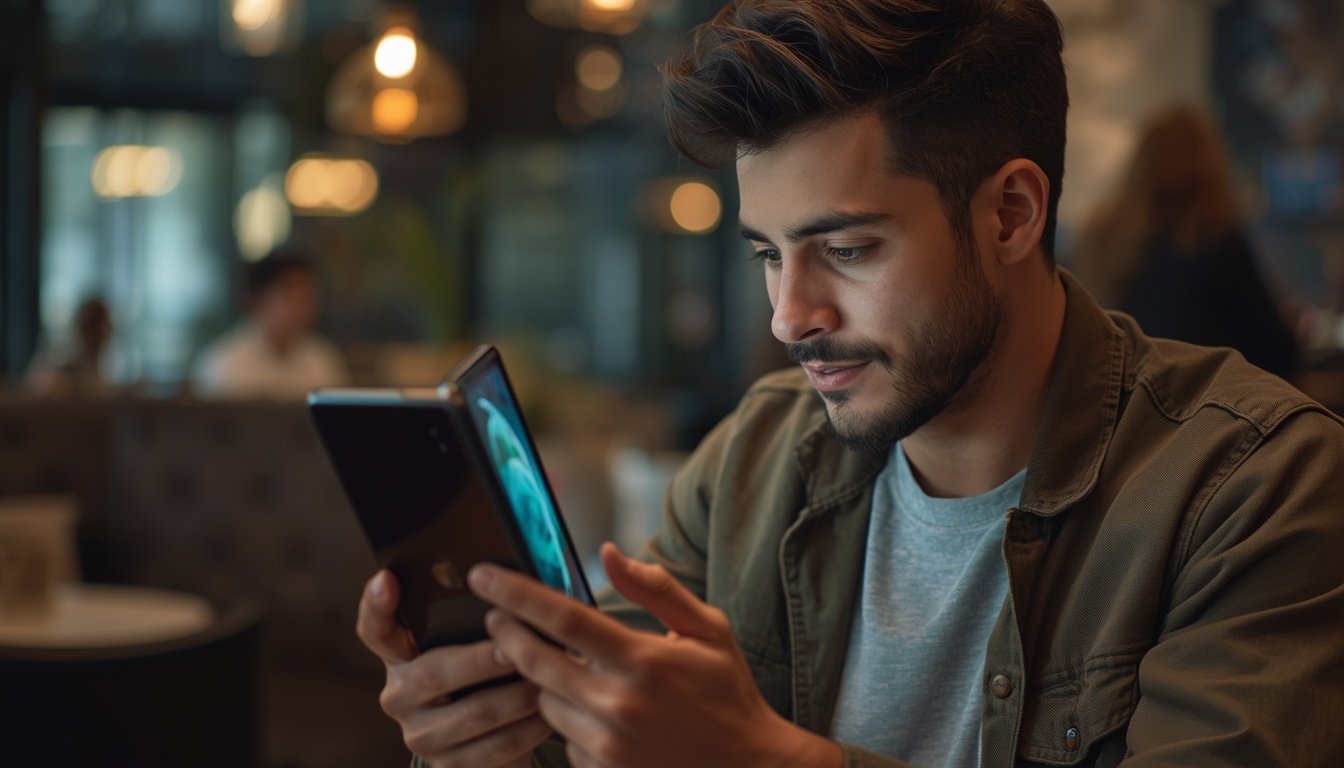 Celular dobrável estilo livro em uso no dia a dia