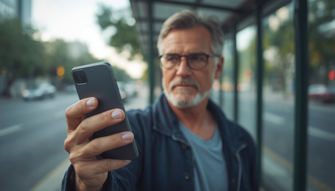 Homem usando celular barato como o Moto G15 no ponto de ônibus