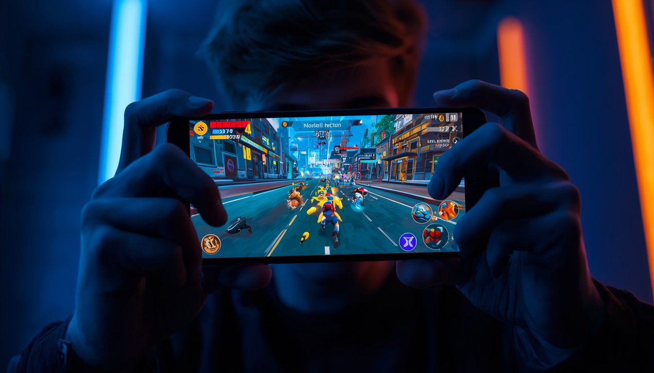 Jogador usando celular potente como o POCO X8 Pro Max